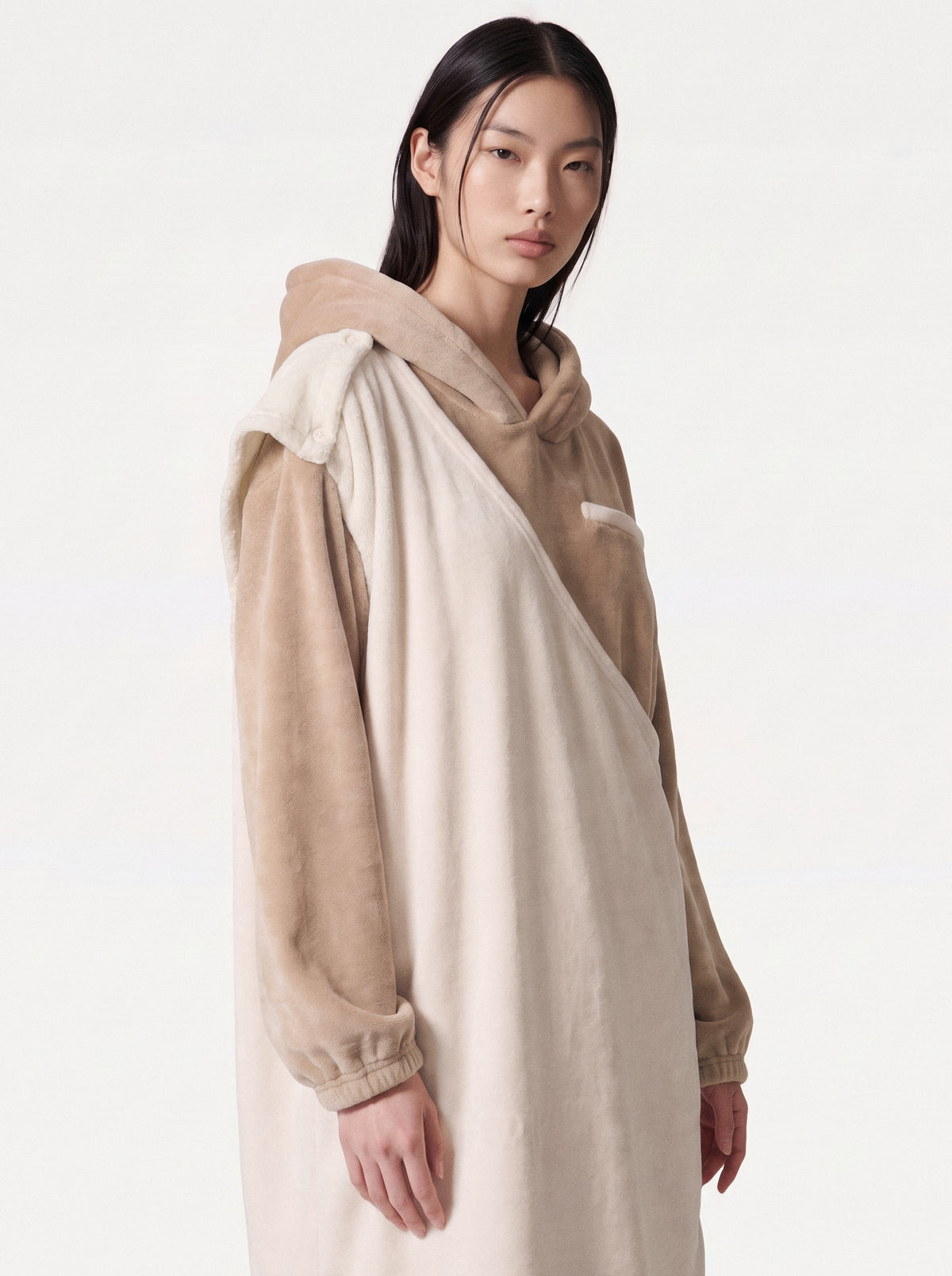 wearable pet carrier: beige blanket hoodie with pet pouch