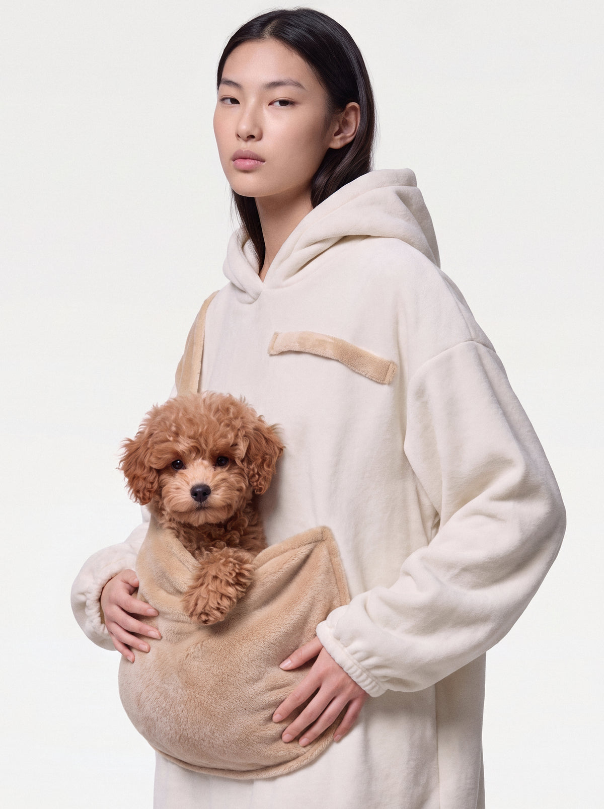 wearable pet carrier: beige blanket hoodie with pet pouch
