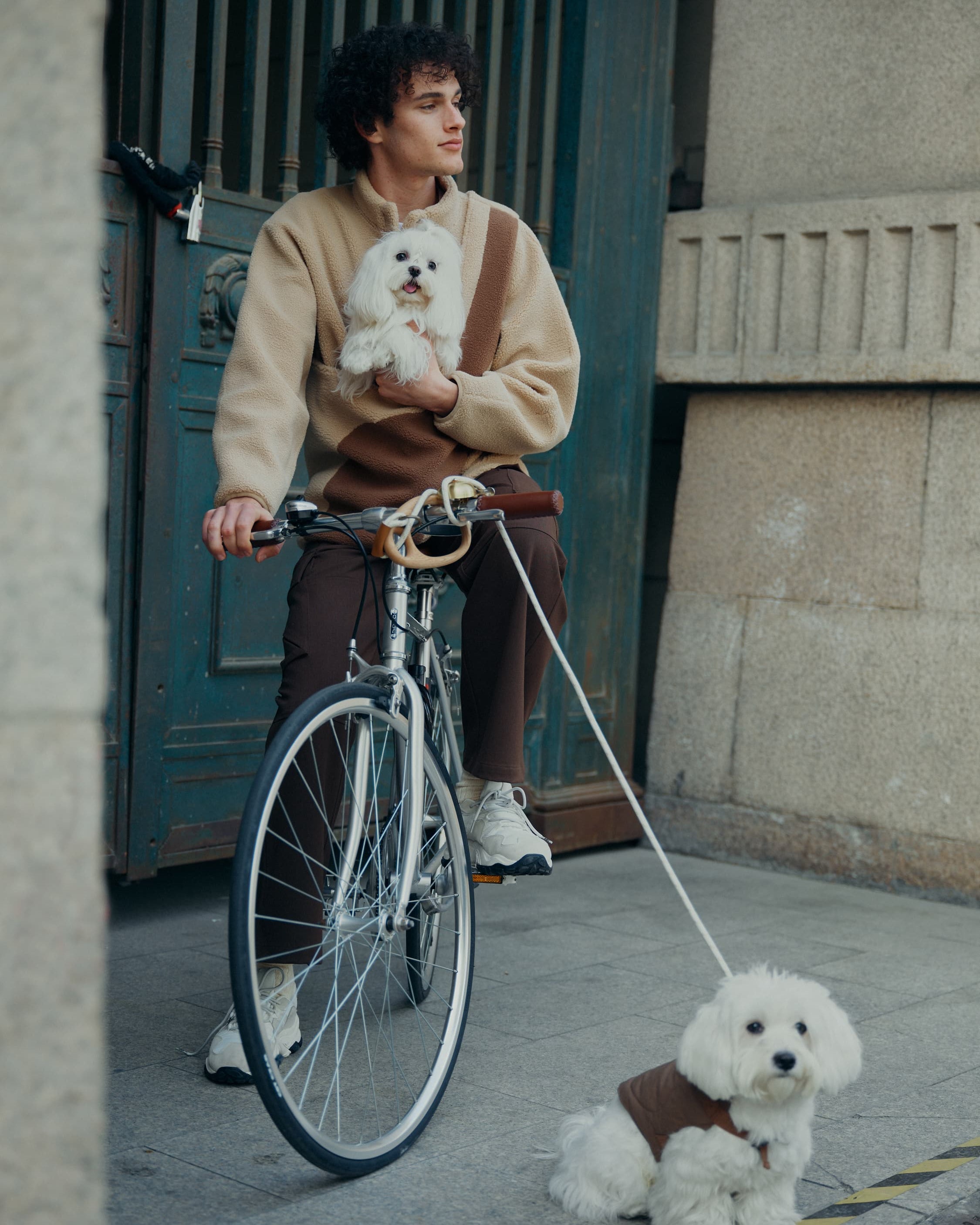 A male model is sitting in a car with a dog in his pouch. And a dog in a brown paded vest is led on a "Pebble" pet leash that fixed on the handlebar.
