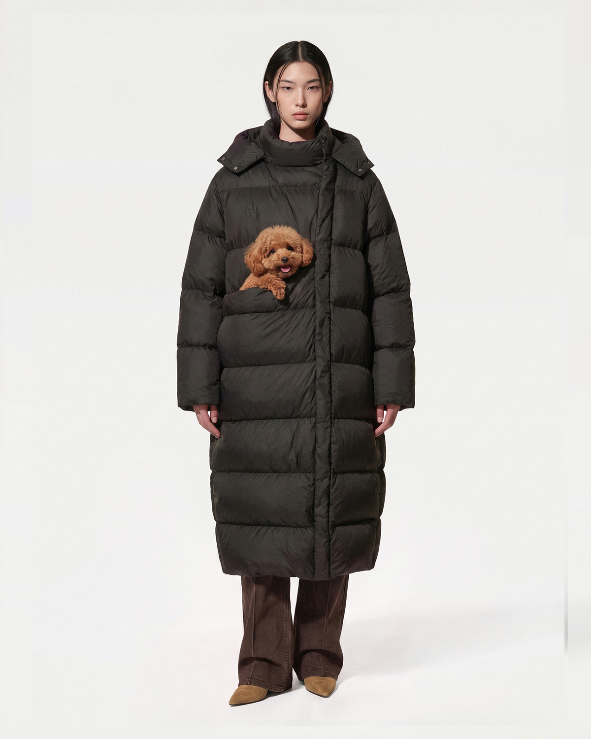 wearable pet carrier: black puffer jacket with pet pouch