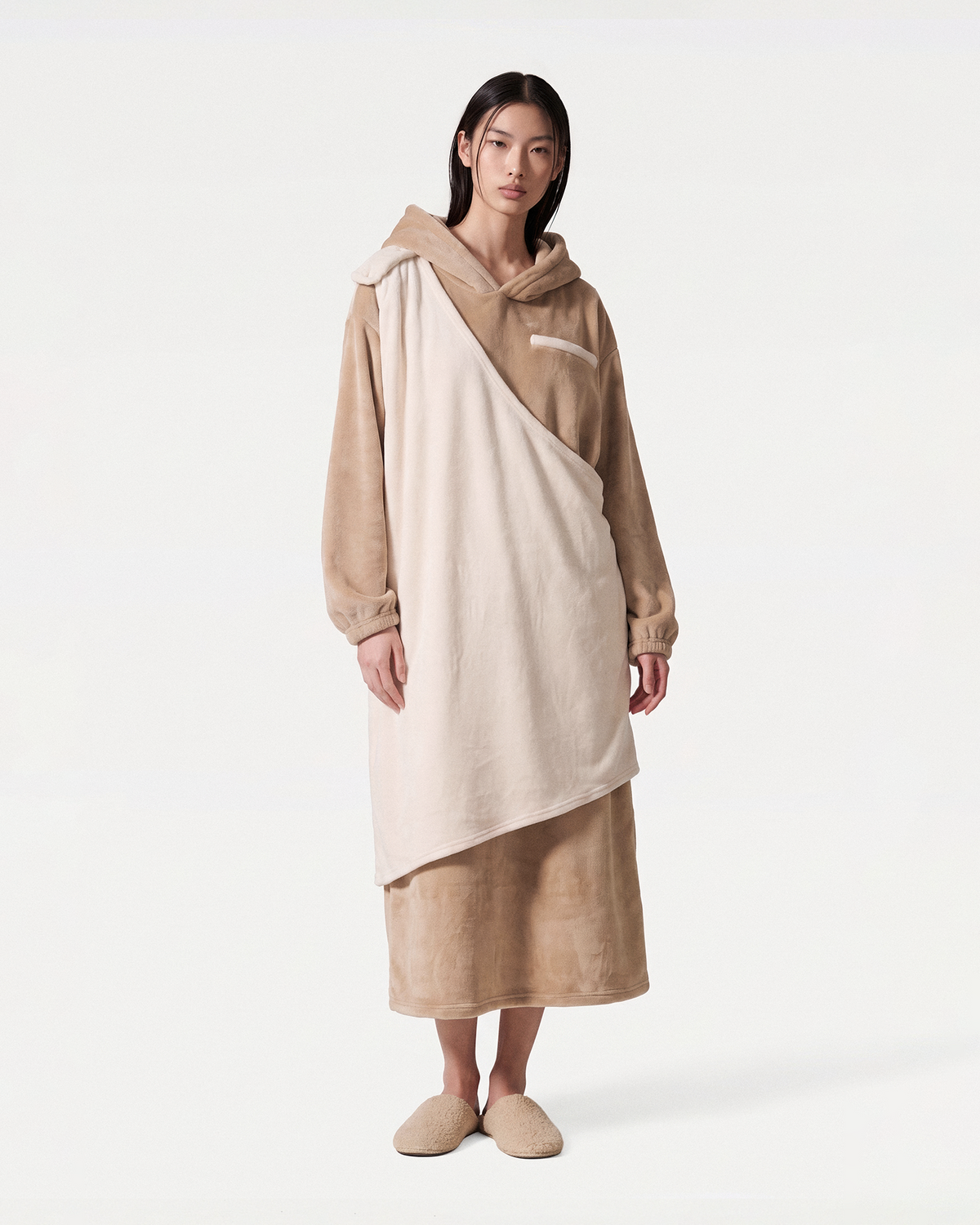 wearable pet carrier: beige blanket hoodie with pet pouch