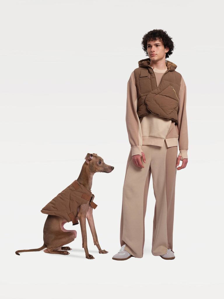 A male model stands with a dog sitting to his left, both wearing brown paded vest