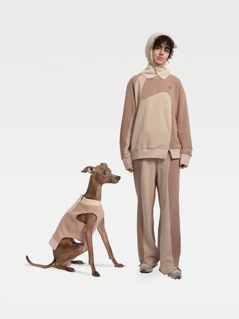 A female model stands with a dog sitting to her left, both wearing patchwork sweatshirts.