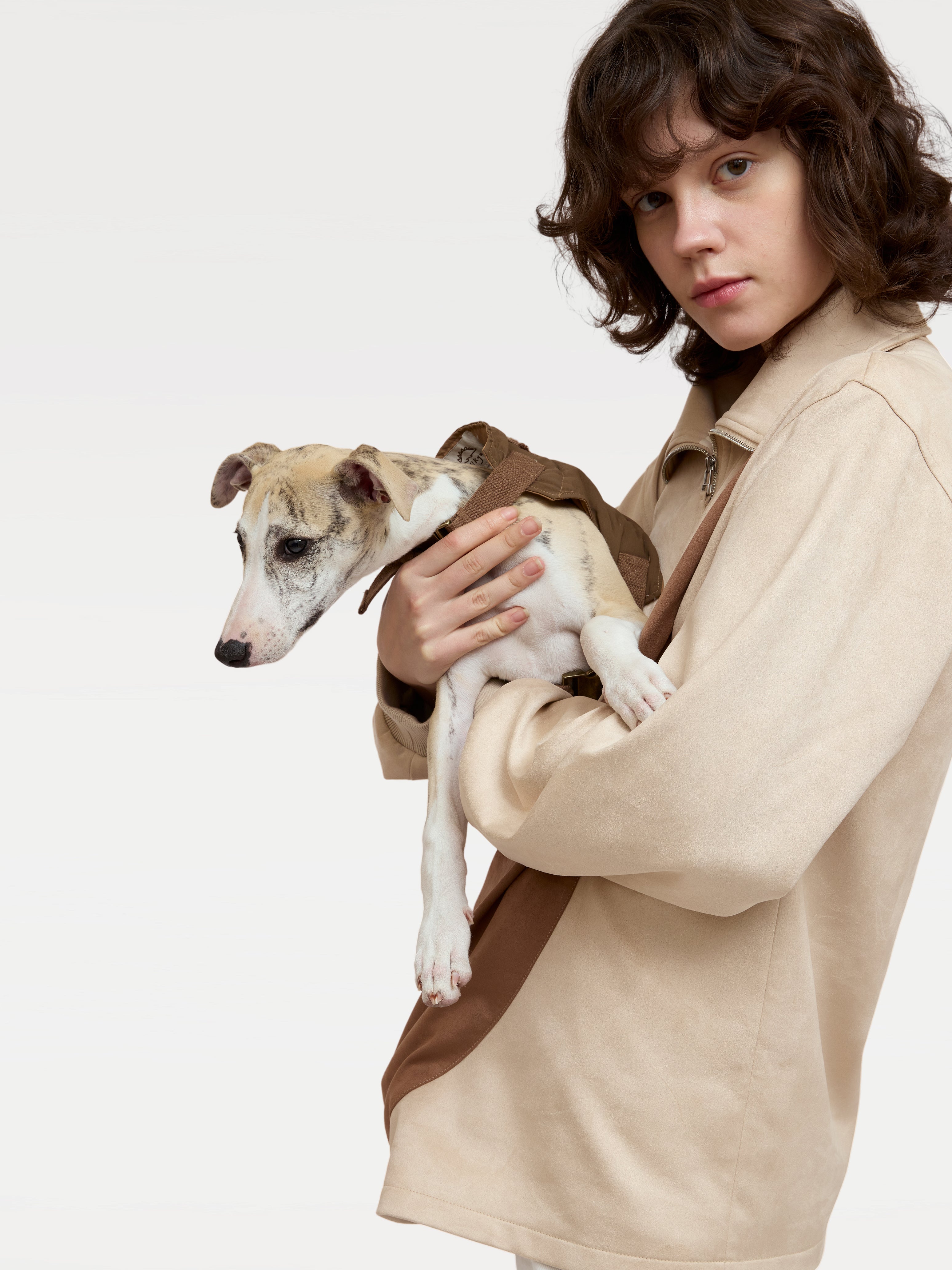 Beige Kangaroo Pouch Unisex Scuba Suede Pullover Riikyu