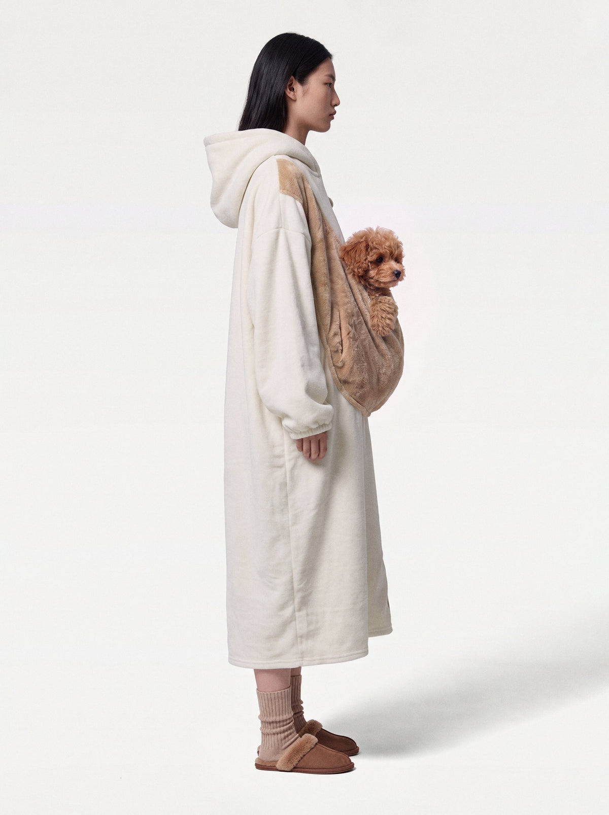 wearable pet carrier: beige blanket hoodie with pet pouch