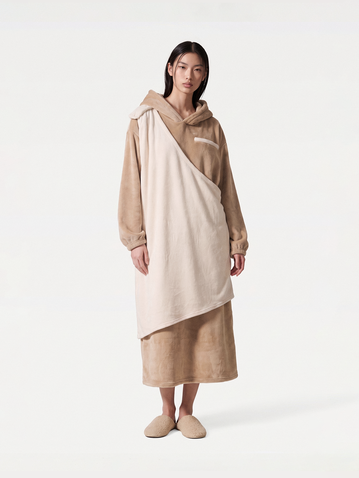wearable pet carrier: beige blanket hoodie with pet pouch
